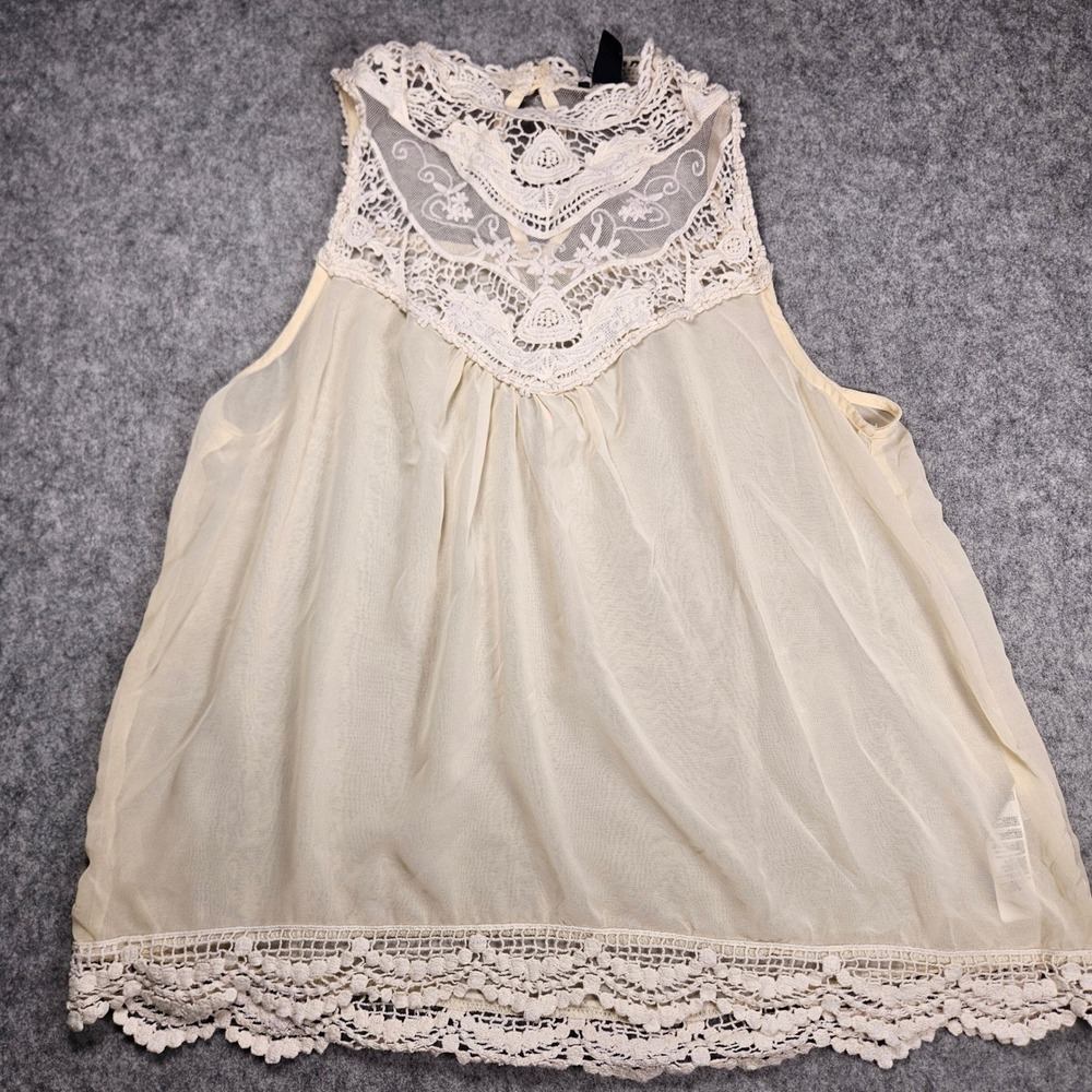 Forever 21 Women Cream Tank Top Lace Trim Boho Cottagecore Sleeveless Medium